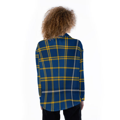West Virginia Mountaineers Tartan Plaid Blue Gold Women's Satin Shirt