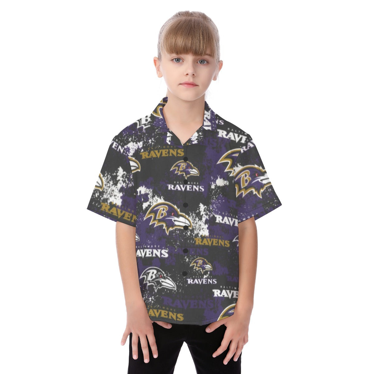 Baltimore Ravens  Kid's Hawaiian Vacation Shirt purple black football outfit back view