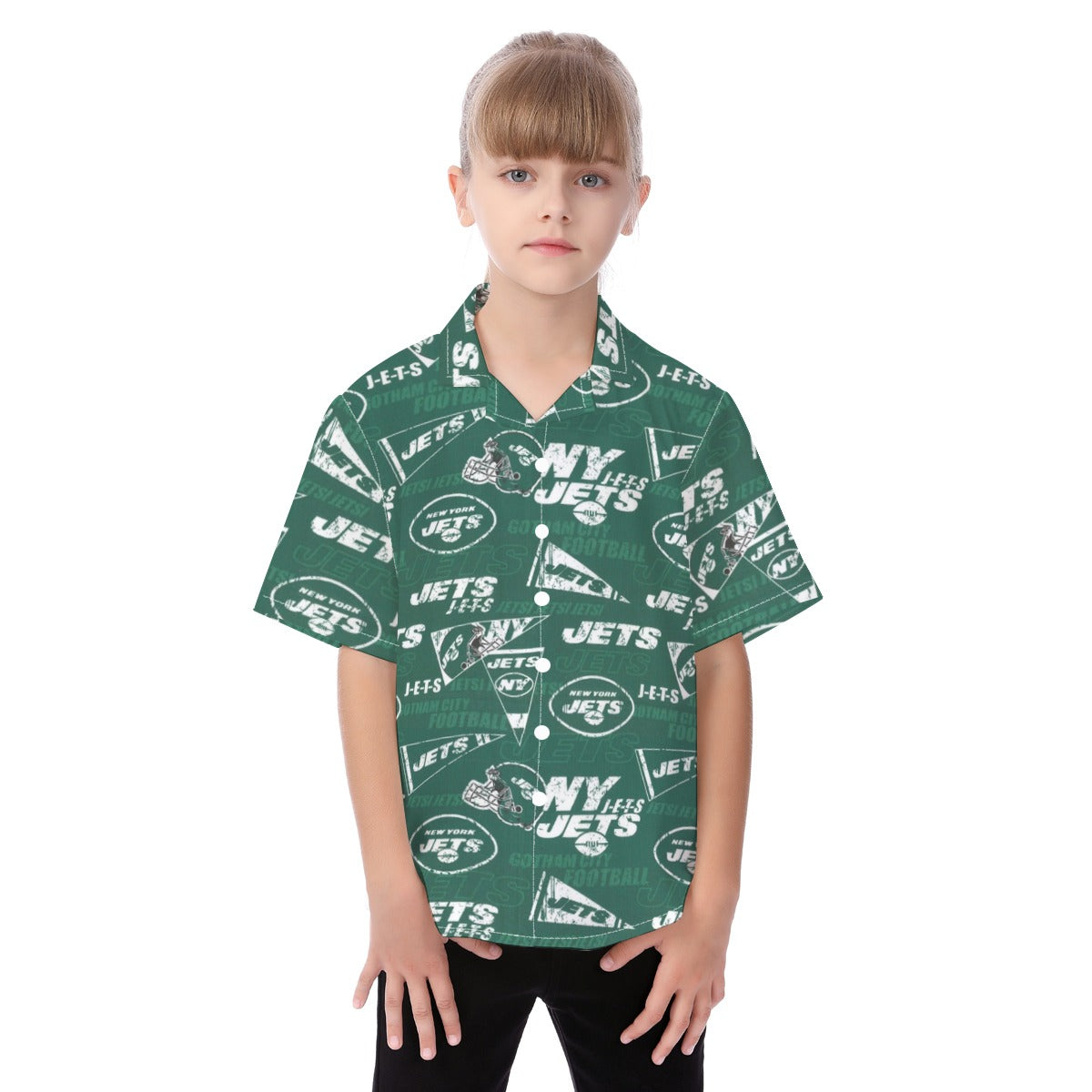 New York Jets  Kid's Hawaiian Vacation Shirt green white football outfit back view