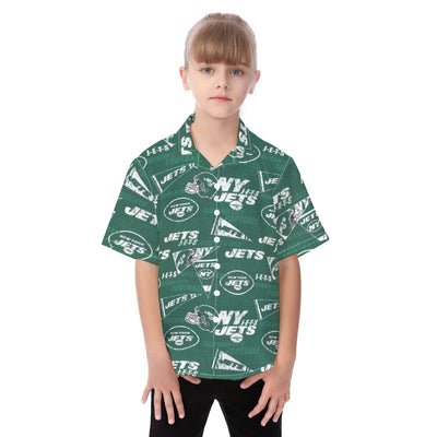 New York Jets  Kid's Hawaiian Vacation Shirt green white football outfit back view