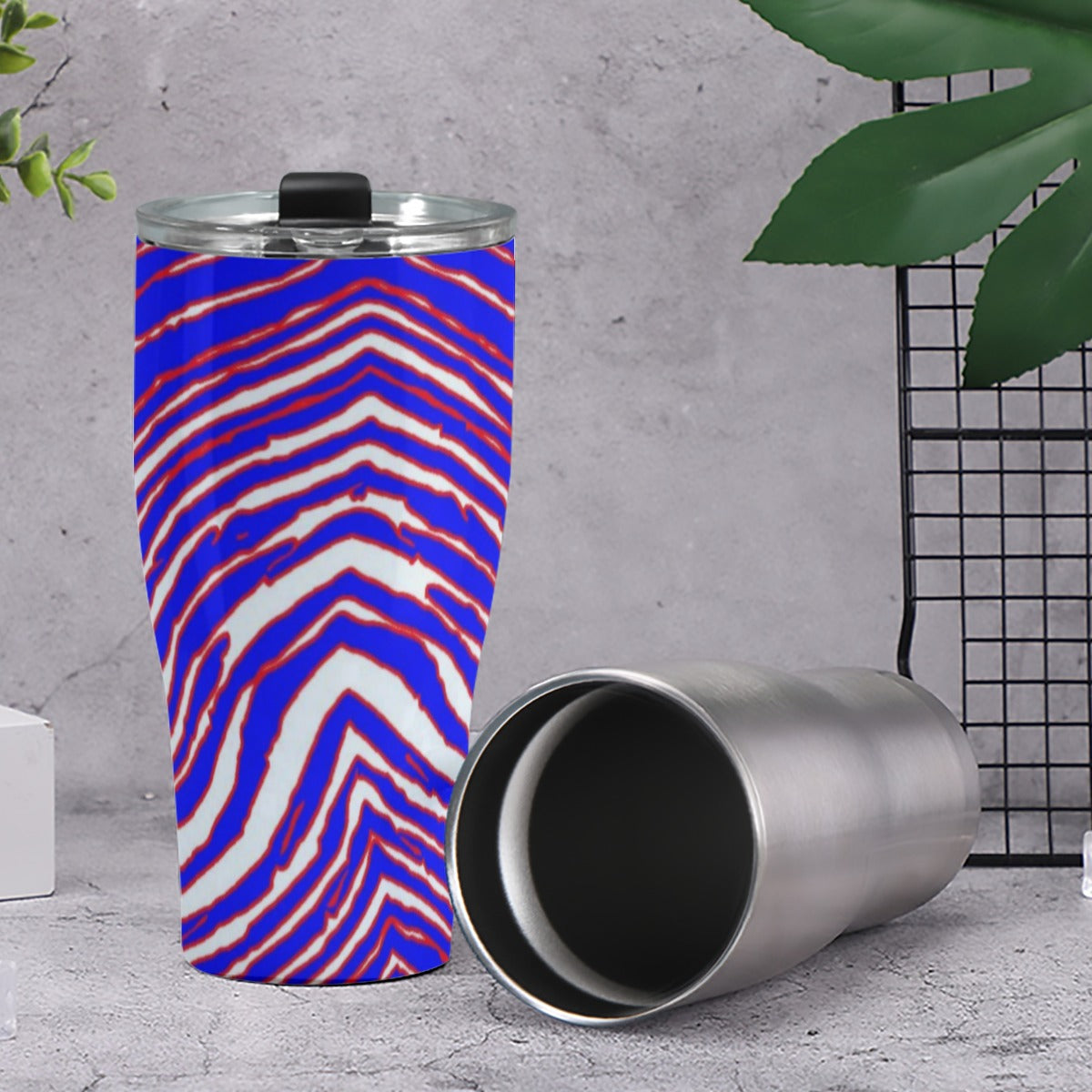 Dark Gray Cone Tumbler 30oz – Red Blue White Zebra Game Day Style