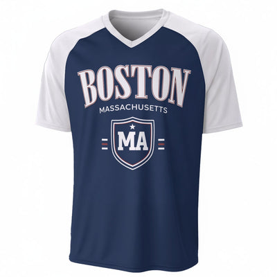 Boston Massachusetts Varsity T-Shirt – Navy Blue, White and Red Athletic Streetwear Graphic Tee – game day outfit, football shirt, image 1.0