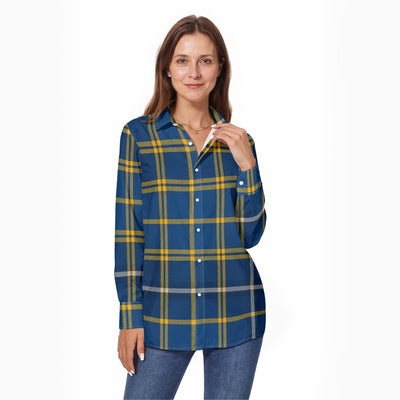 west virginia mountaineers tartan plaid blue gold women's long sleeve shirt blue gold tartan plaid mountaineers game day fashion