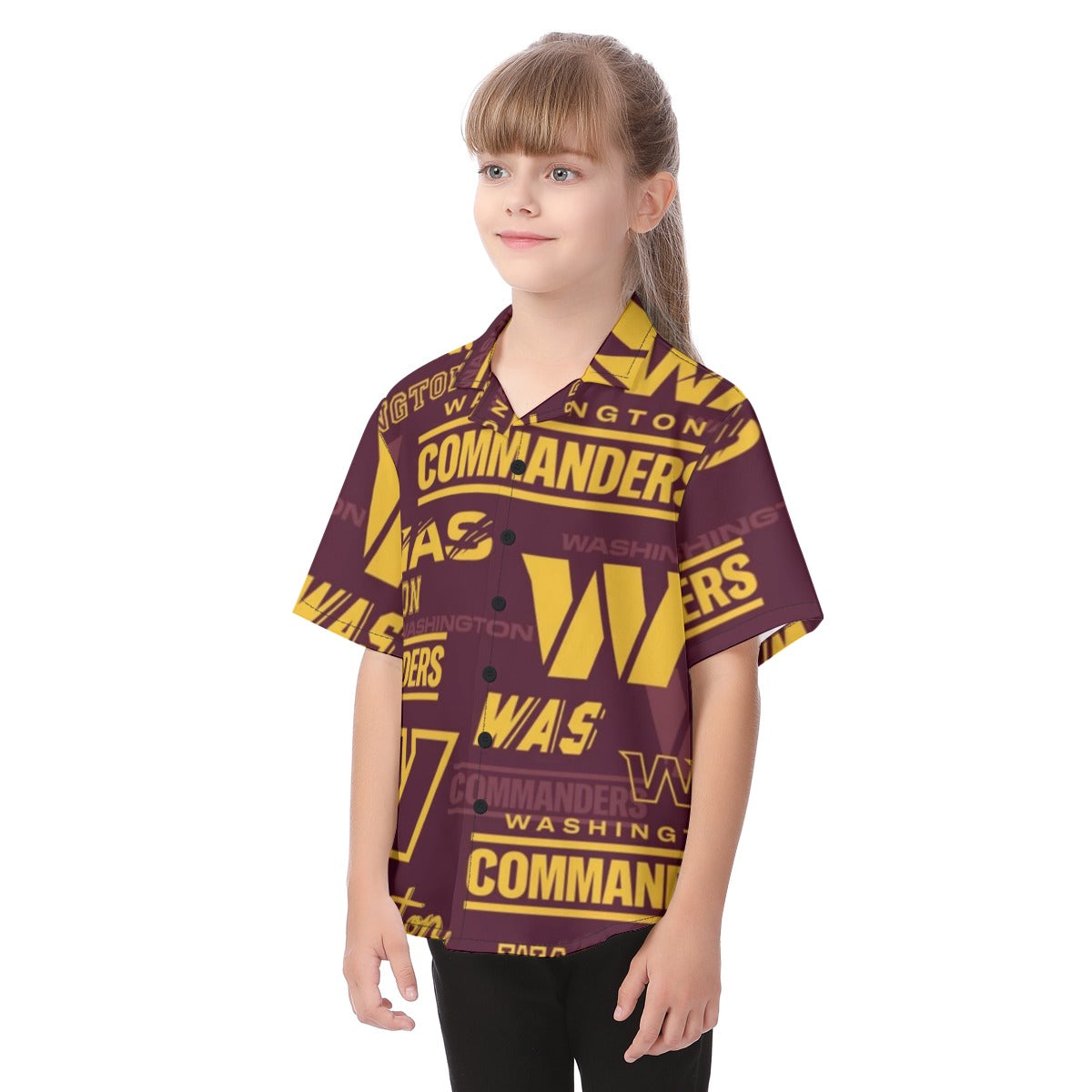 washington-commanders-kids-hawaiian-vacation-shirt burgundy gold football outfit fabric close-up