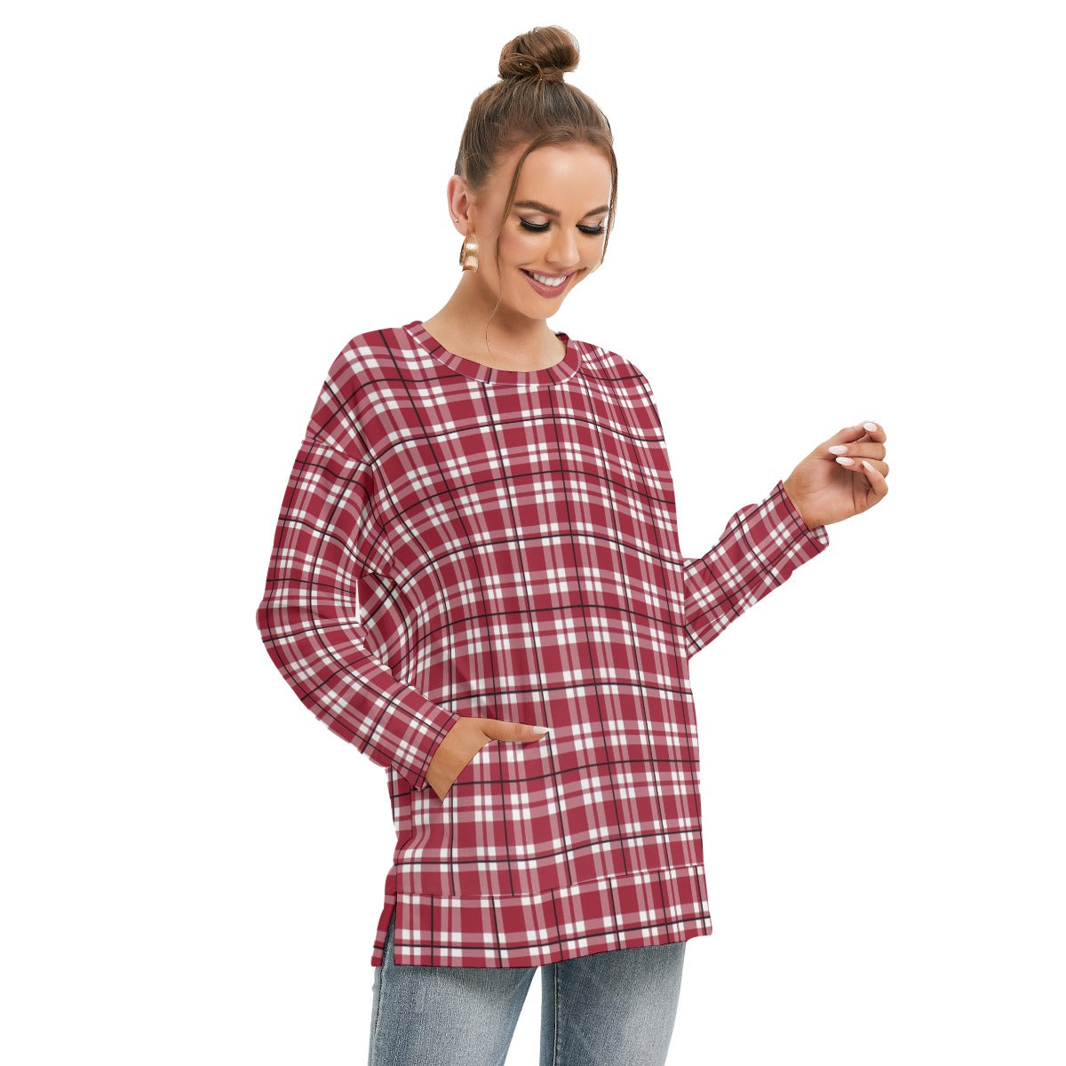 Alabama Crimson Tide Tartan Plaid Crimson White Women's Side Split O-neck Sweatshirt