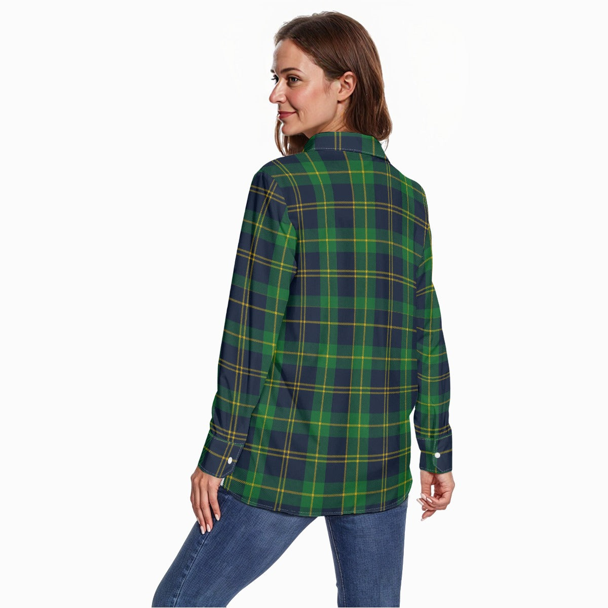 Notre Dame Fighting Irish Green Navy Gold Plaid Womens Long Sleeve Shirt 6 green navy gold plaid women fashion apparel