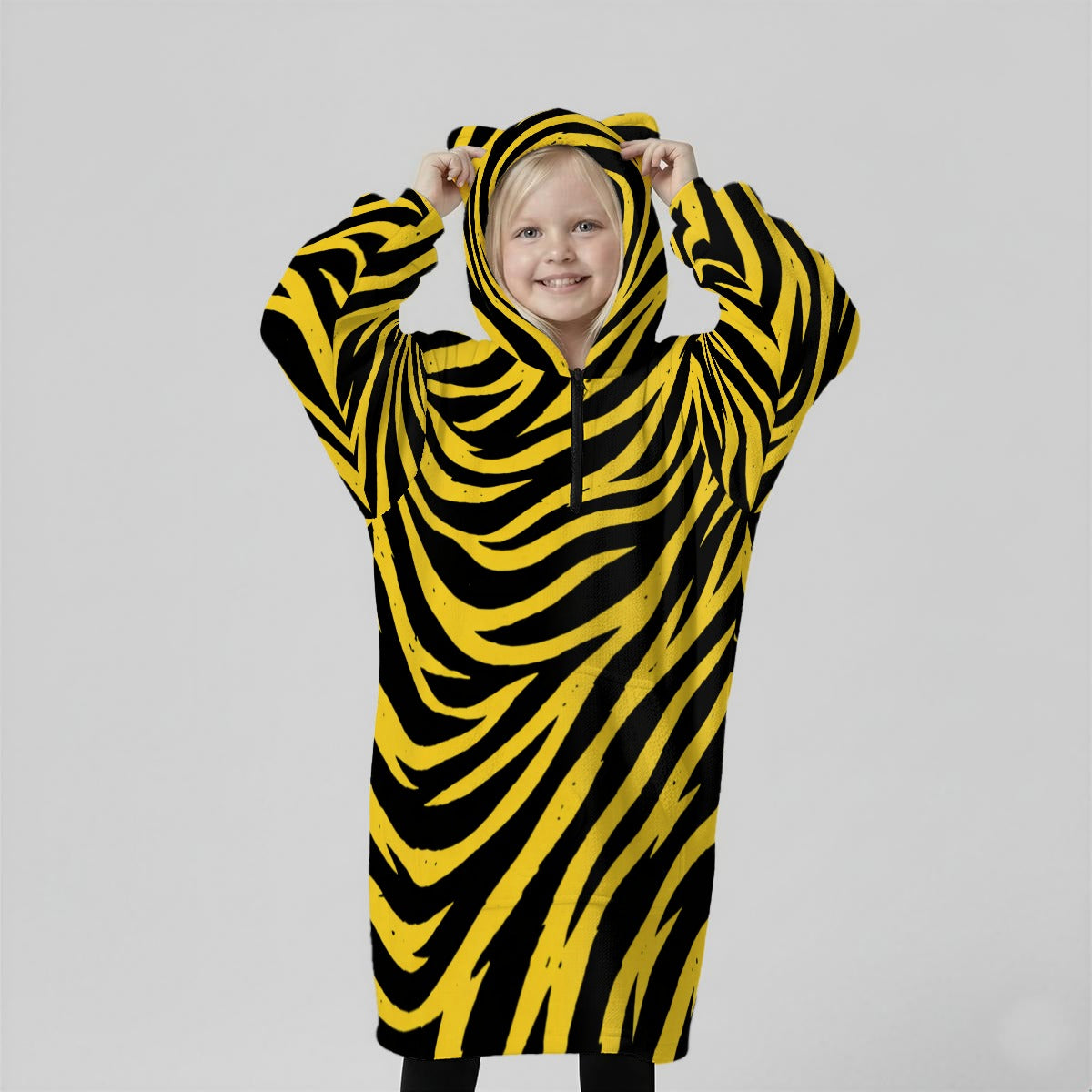 Pittsburgh Football Yellow Black Zebra Kids 1/4 Zip Hooded Wearable Blanket with Ears – sportswear style, game day outfit, image 1.0