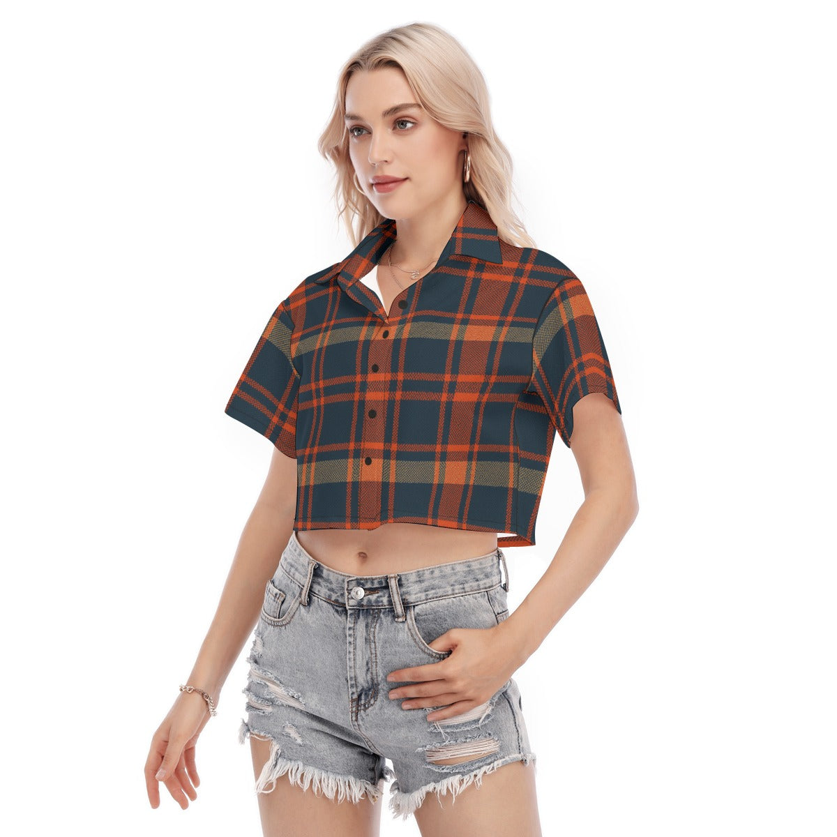 Auburn Tigers Tartan Plaid Navy Orange Women's Cropped Shirt