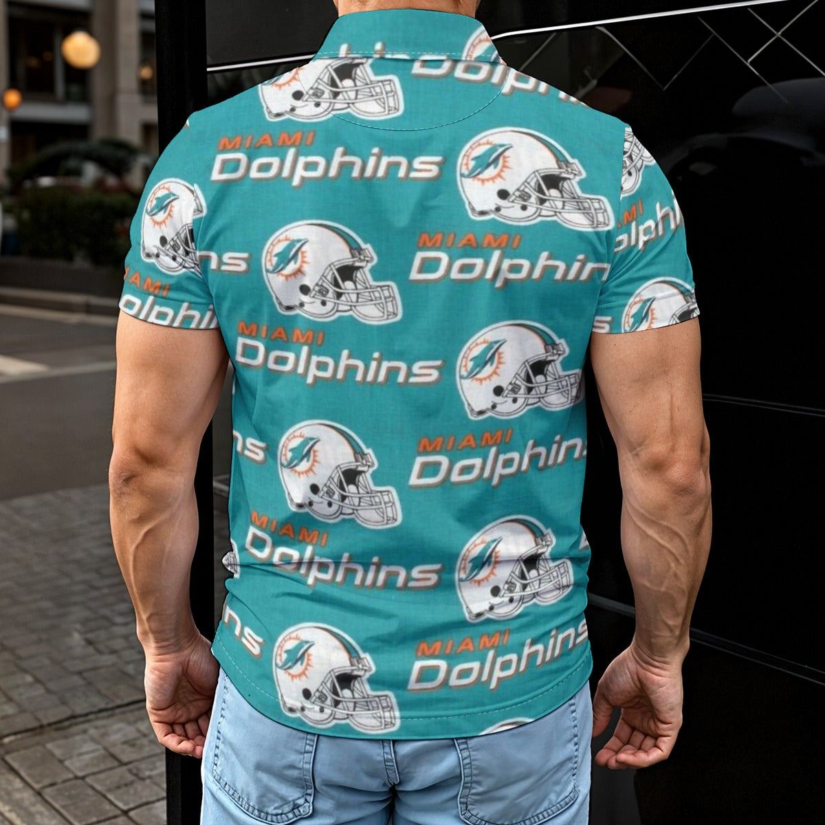 miami-dolphins-mens-polo-shirt aqua orange football outfit detail
