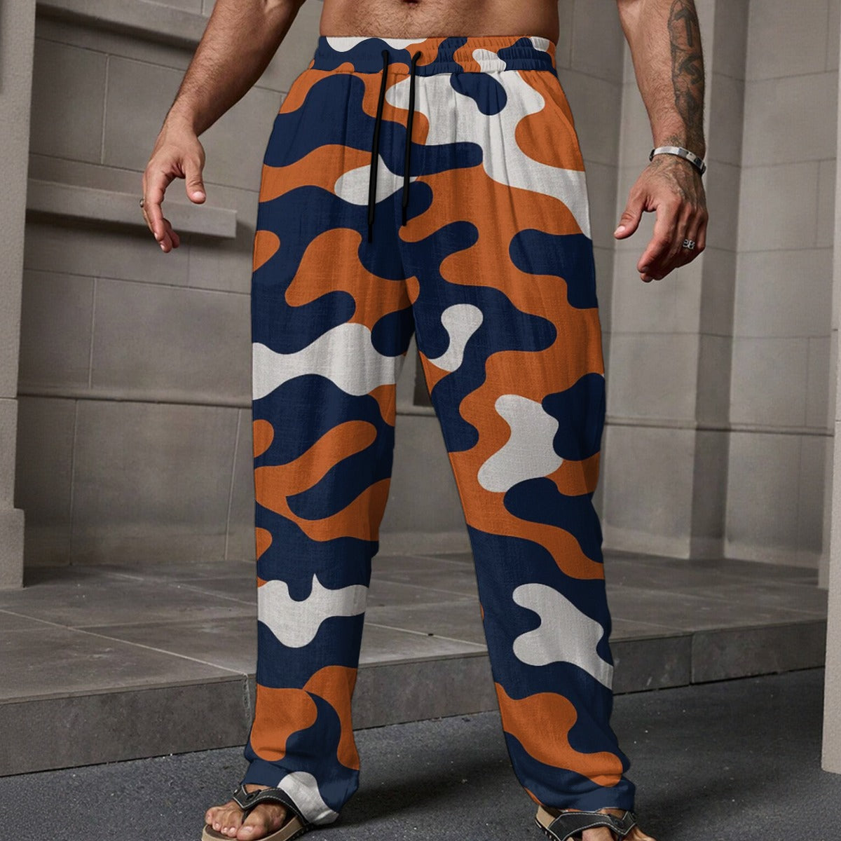 Chicago Football Camo Lounge Pants for Men – Navy Orange Game Day Relaxed Trousers – lightweight game day shirt, nfl fan apparel, image 1.0