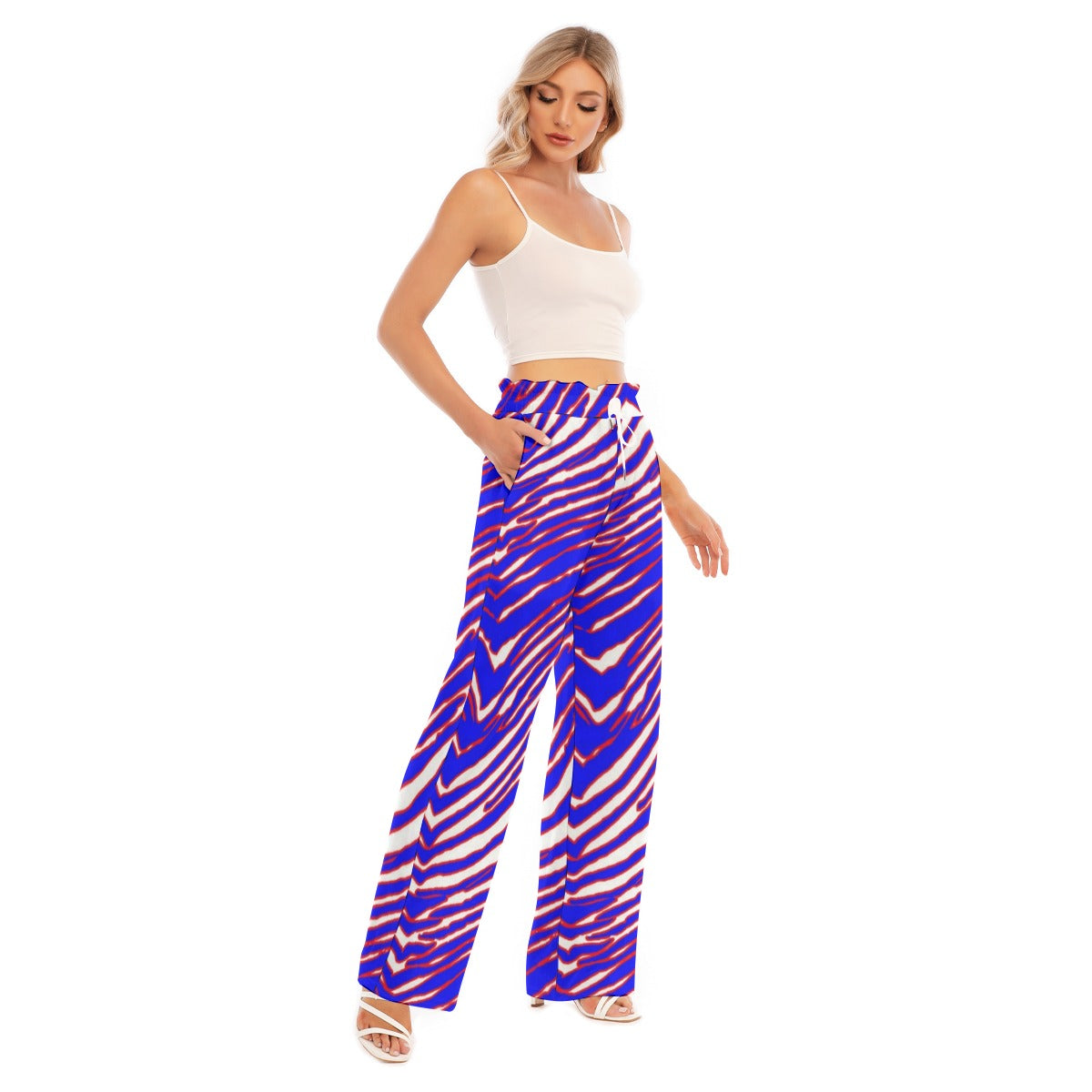 White Smoke Buffalo Football Women's Waist Fungus Edge Wide-leg Pants – Red Blue White Zebra Game Day Style