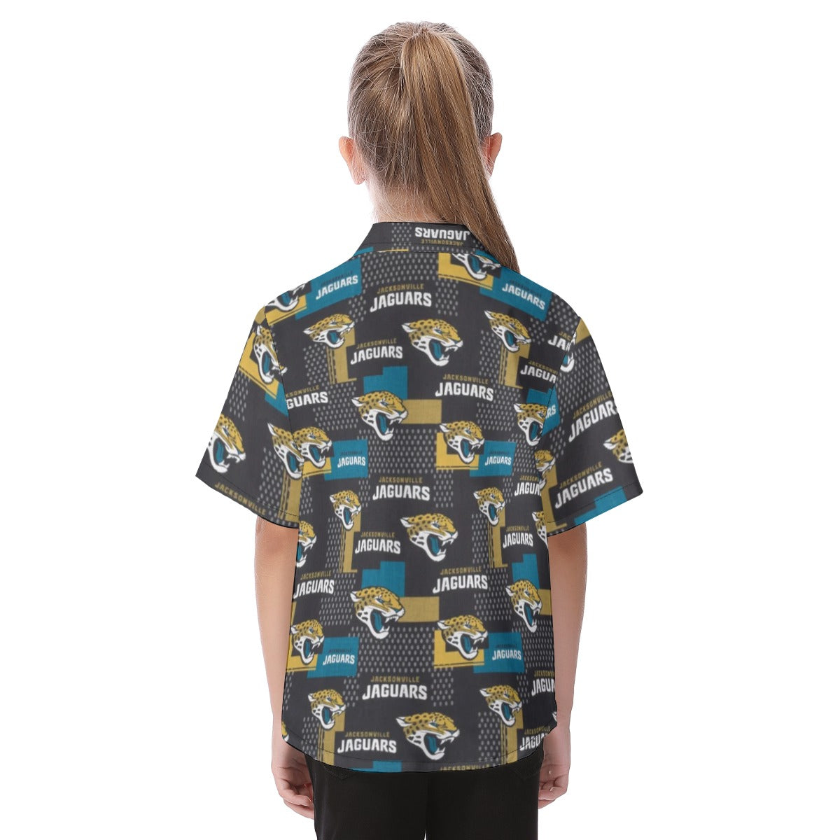 jacksonville-jaguars-kids-hawaiian-vacation-shirt teal black football close-up design detail