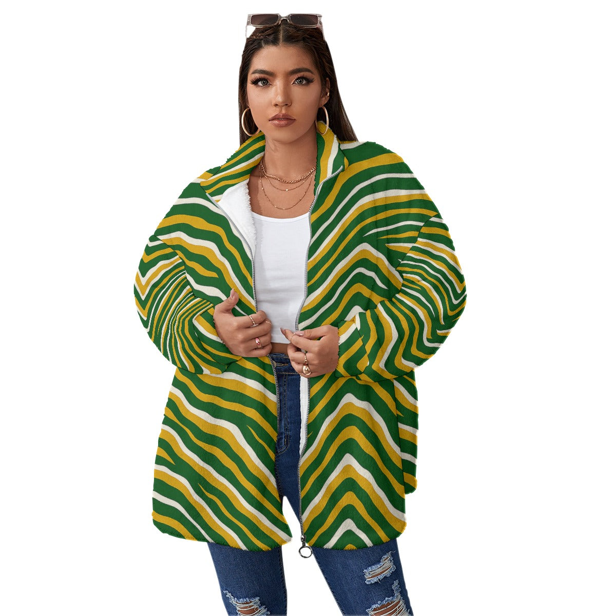 Green Bay Football Yellow Green Unisex Borg Fleece Stand-Up Collar Coat With Zipper (Plus Size) – Ga – sportswear style, fan gear, image 1.0