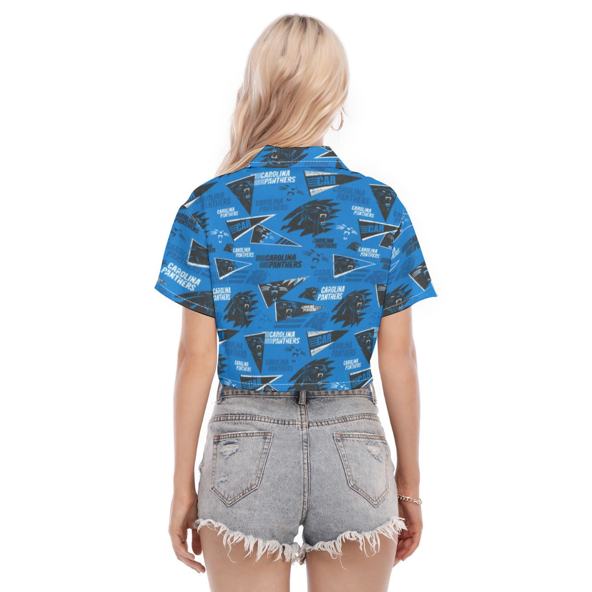 carolina-panthers-womens-cropped-shirt black blue football close-up design detail