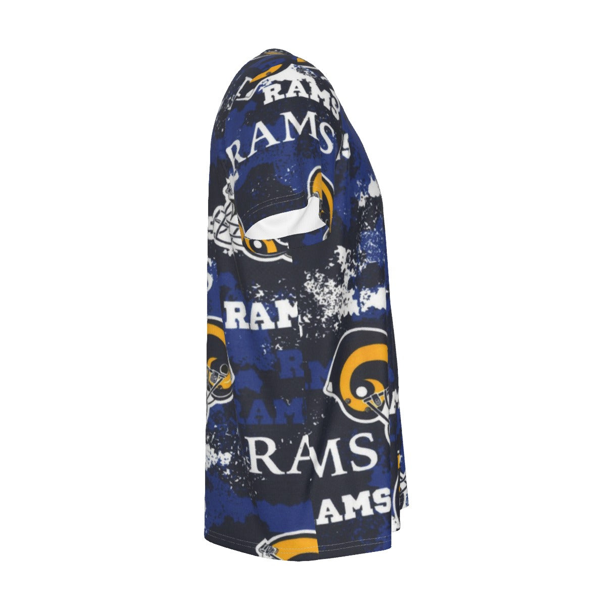 los-angeles-rams-short-sleeve-t-shirt navy orange football outfit fabric close-up