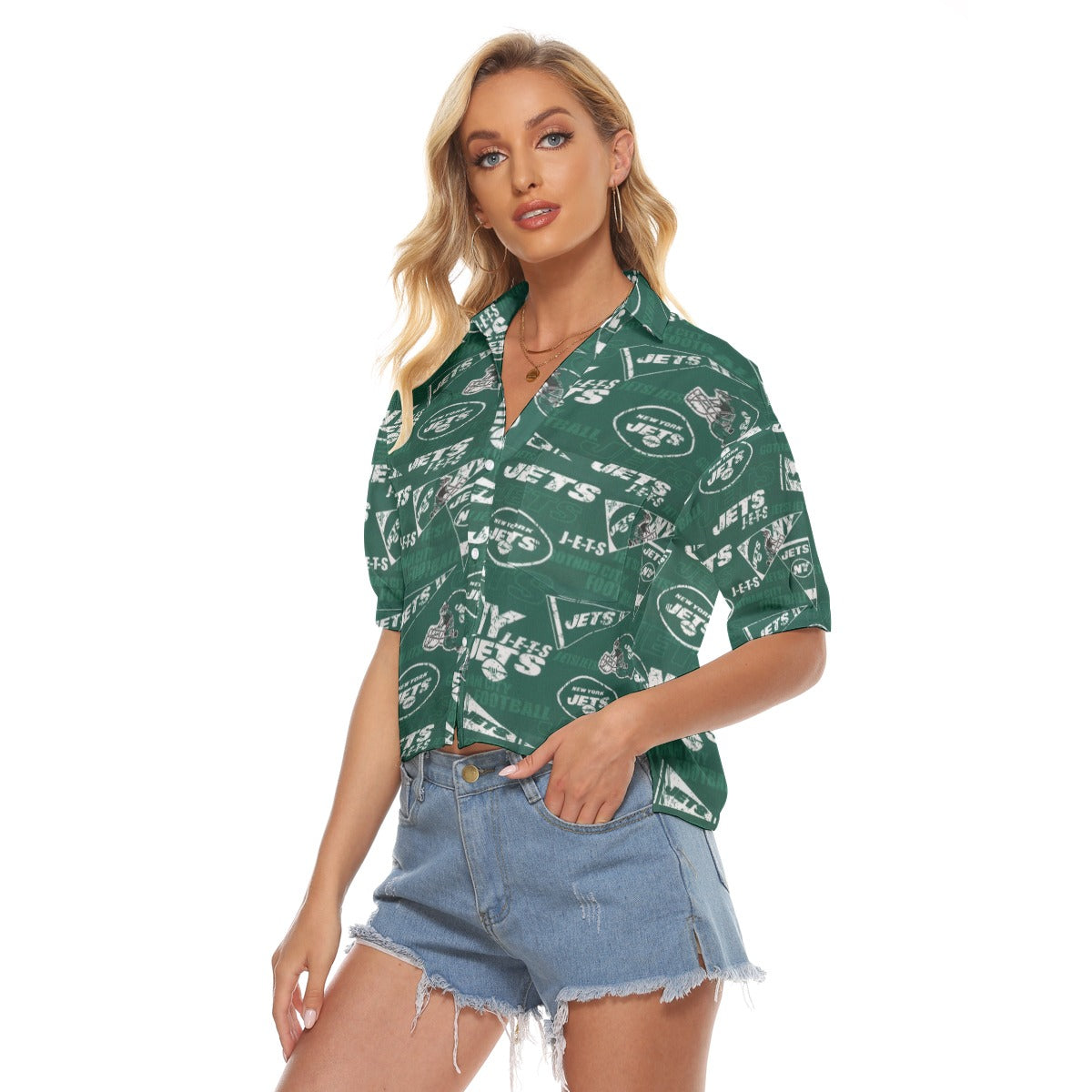 new-york-jets-womens-v-neck-shirts green white football outfit fabric close-up