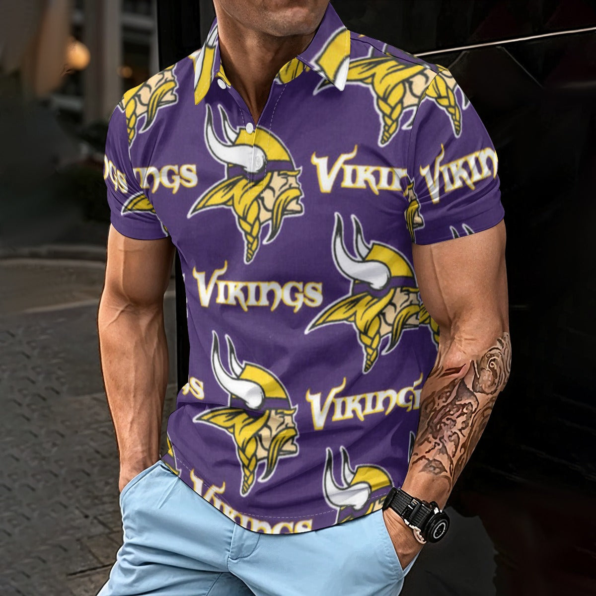 Minnesota Vikings Men's Polo Shirt purple gold football outfit back view