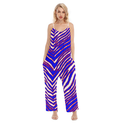 Women’s Buffalo football Loose Cami Jumpsuit – Red, Blue White Zebra Game Day Style – breathable comfort wear, fan gear, image 1.0