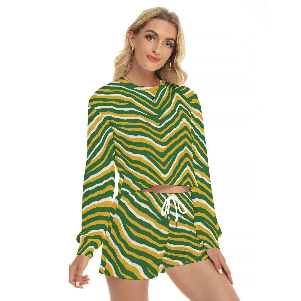 White Smoke Green Bay Football Yellow Green Women’s Short Sweatshirt and Pants Suit – Game Day Streetwear