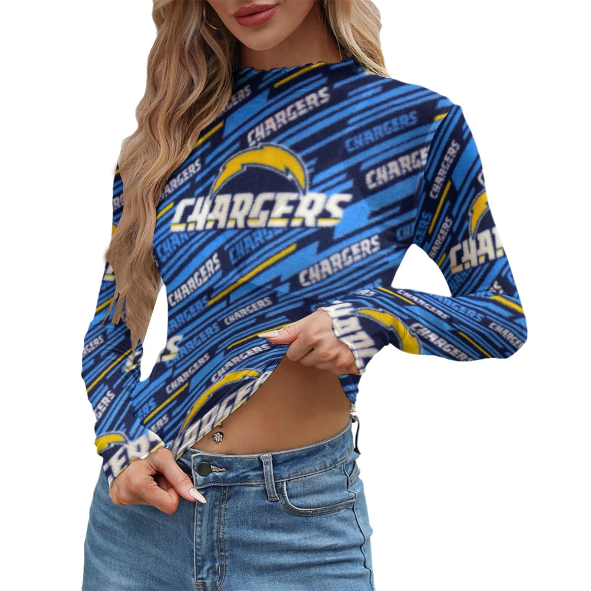 Los Angeles Chargers Women's Mesh T-shirt powder blue yellow football back view game day look