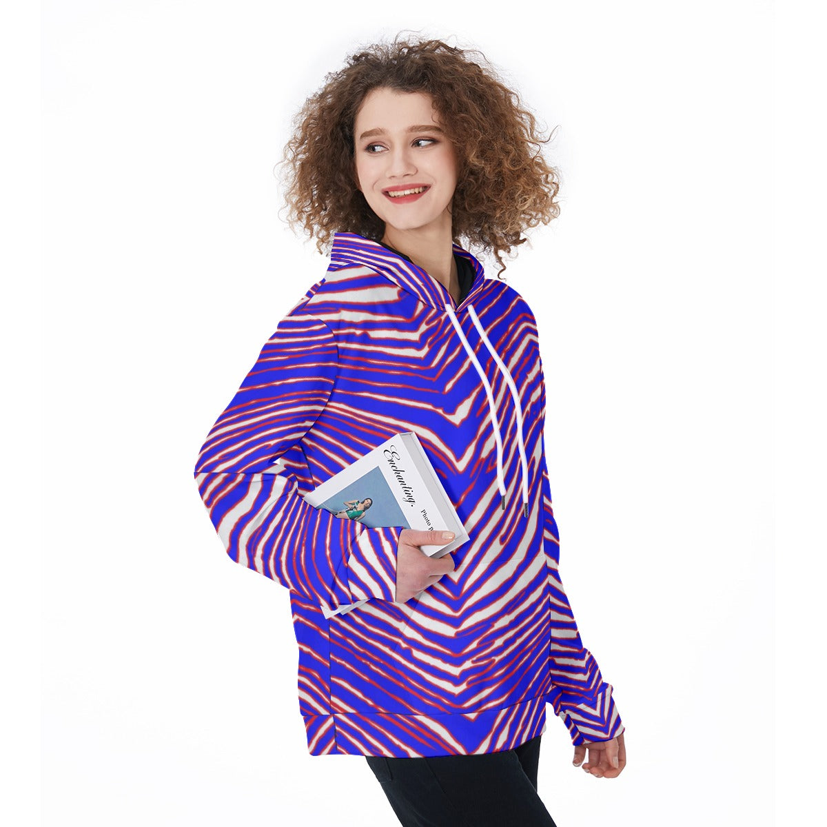 Women Zebra Game Day Hoodie – Red, Blue White Retro Football Style