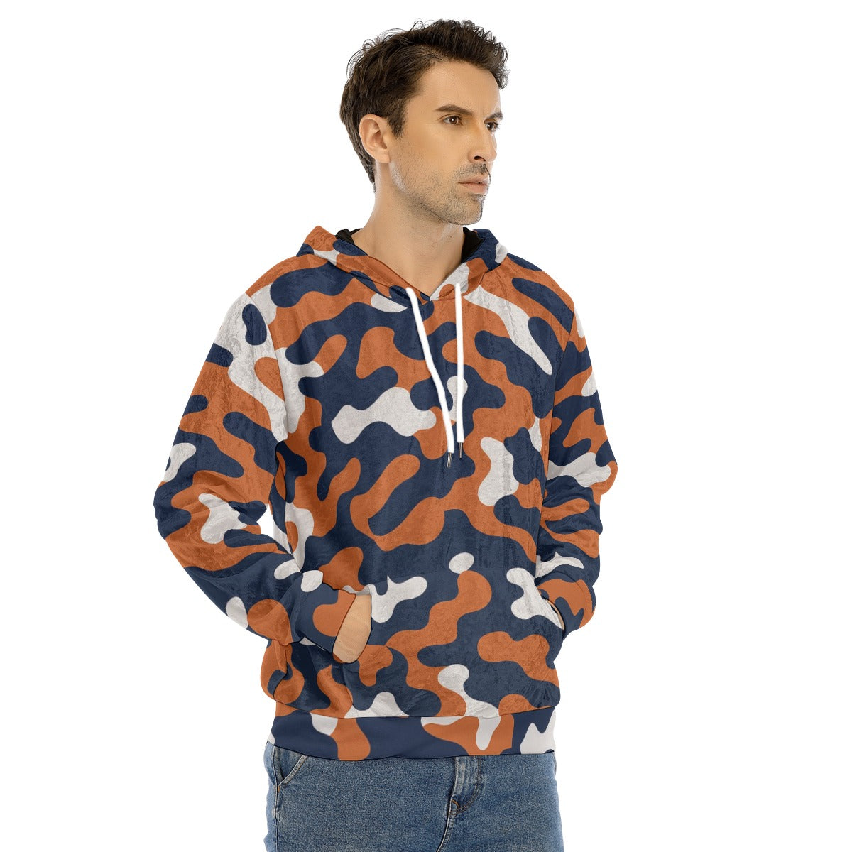White Smoke Chicago Football Camo Hoodie for Men – Navy Orange Game Day Pullover Sweatshirt | Velvet