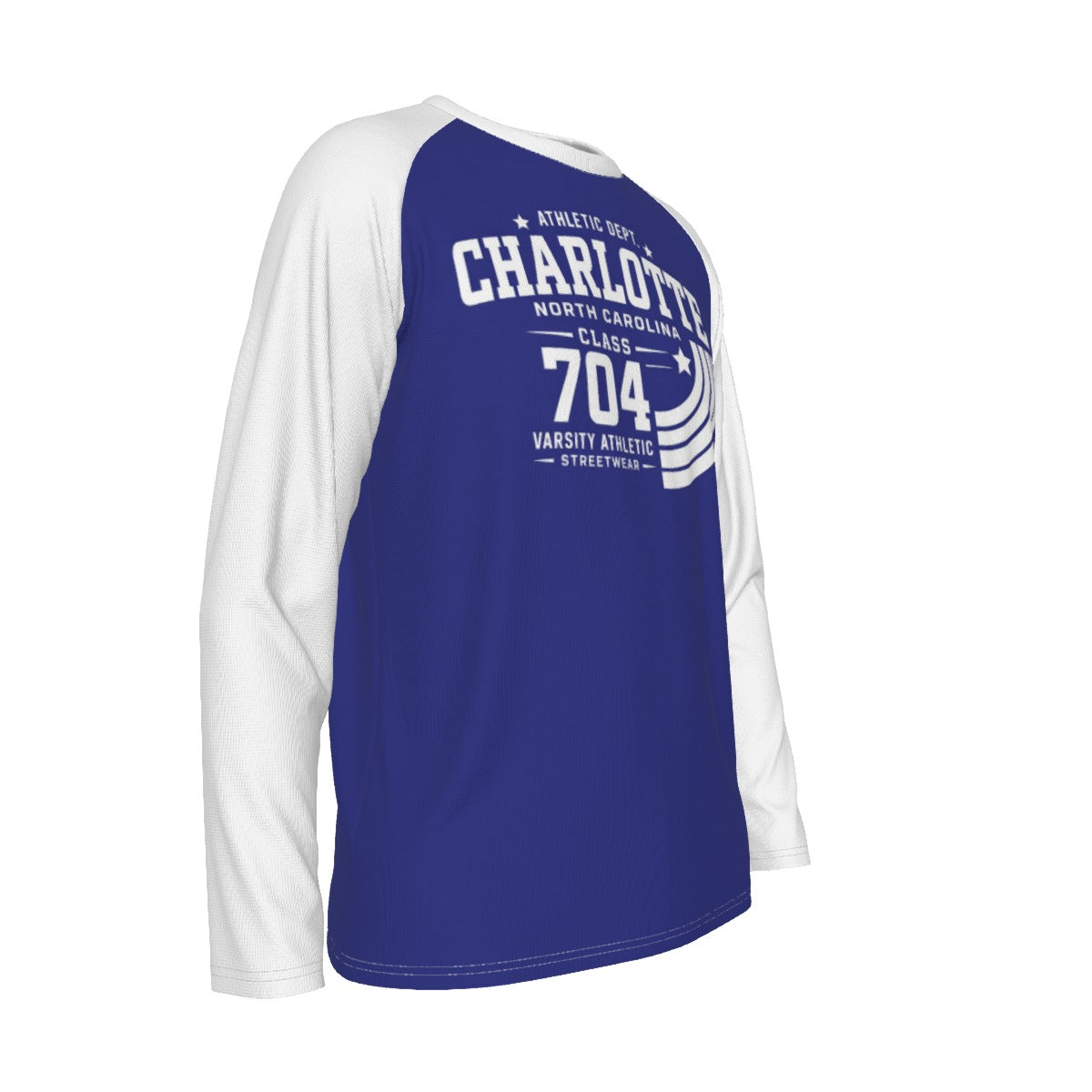 Charlotte NC 704 Long Sleeve Varsity Shirt – Blue White Athletic Raglan Tee