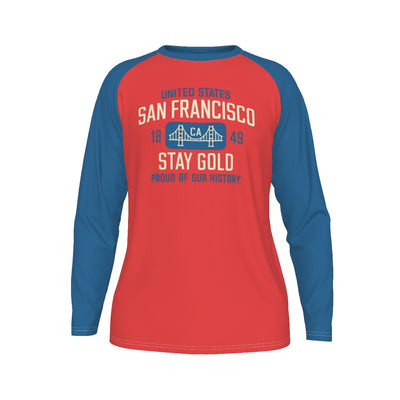 San Francisco Stay Gold Raglan Long Sleeve Shirt – Red and Blue Baseball Style – sportswear style, football shirt, image 1.0