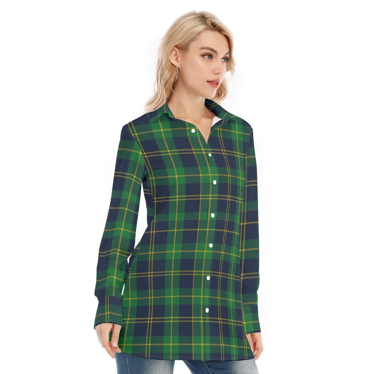 Notre Dame Fighting Irish Green Navy Gold Plaid Womens Long Shirt 8 green navy gold plaid women fashion apparel