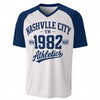 Nashville City TN 1982 Athletics Baseball V-Neck T-Shirt White and Navy Blue – Varsity Streetwear – sportswear style, game day outfit, image 1.0