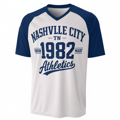 Nashville City TN 1982 Athletics Baseball V-Neck T-Shirt White and Navy Blue – Varsity Streetwear – sportswear style, game day outfit, image 1.0