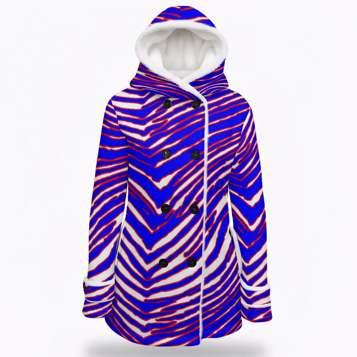 White Smoke Buffalo Zebra Football Women’s Hooded Double-Breasted Winter Coat With Fleece – Warm Game Day Street