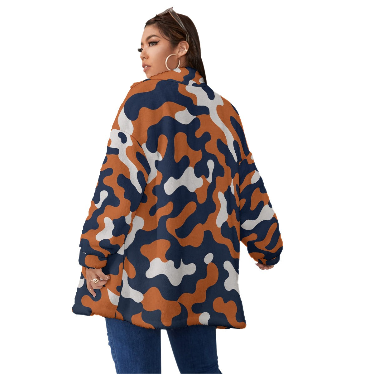 White Smoke Chicago Football Women’s Oversized Camo Jacket – Navy Orange Game Day Streetwear Coat
