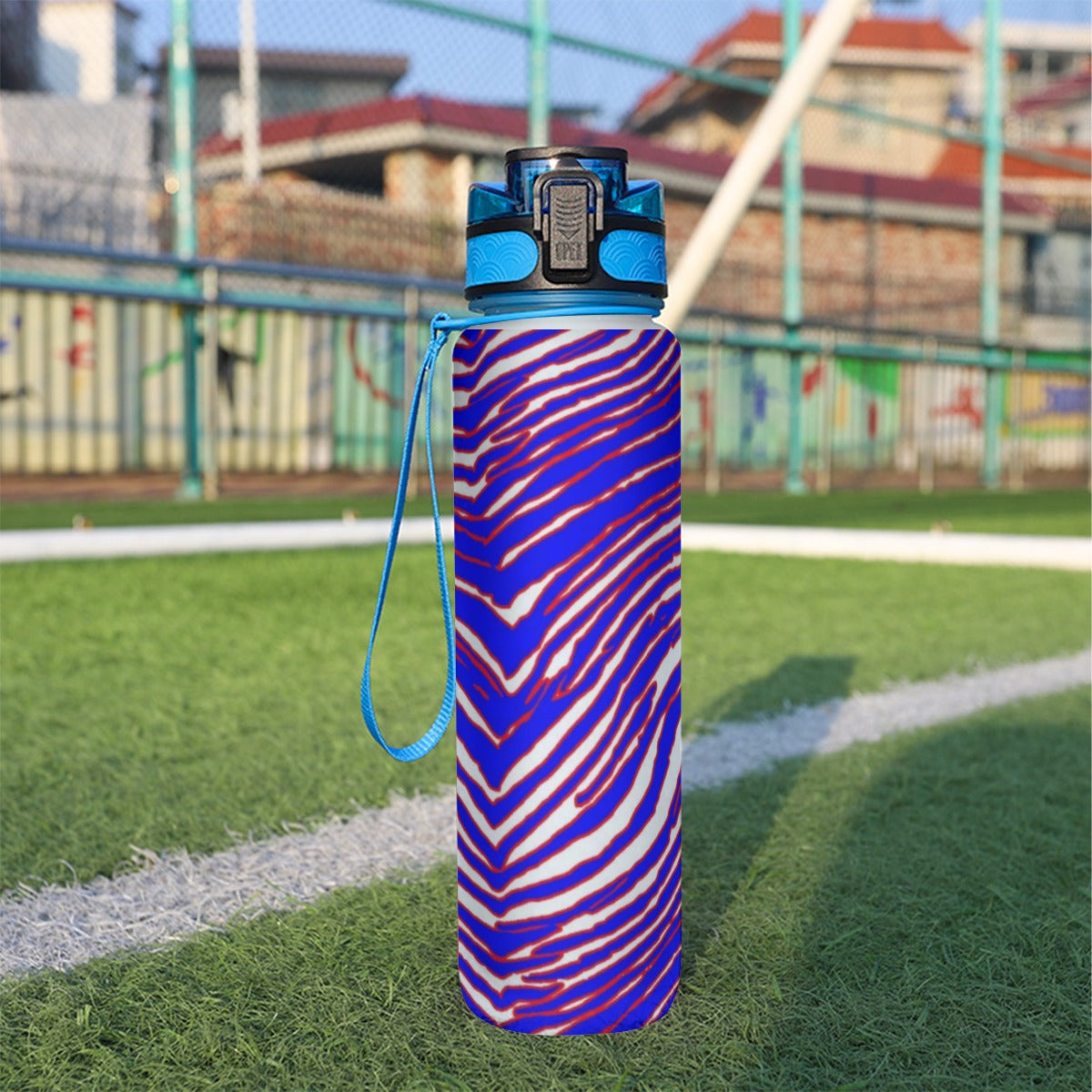 Dark Slate Gray Sport Water Bottle 32oz – Red Blue White Zebra Game Day Style