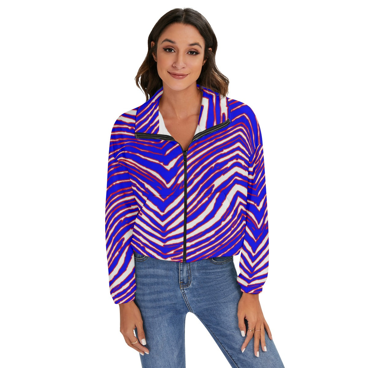 White Smoke Buffalo Football Women’s Zip Jacket – Red, Blue White Zebra Game Day Style