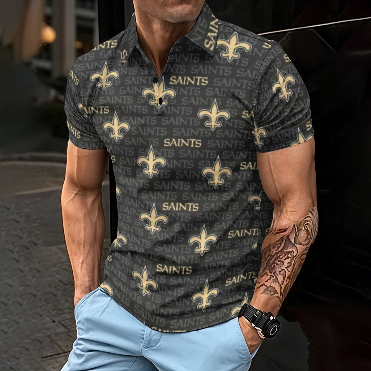 New Orleans Saints Men's Polo Shirt black gold football back view streetwear style