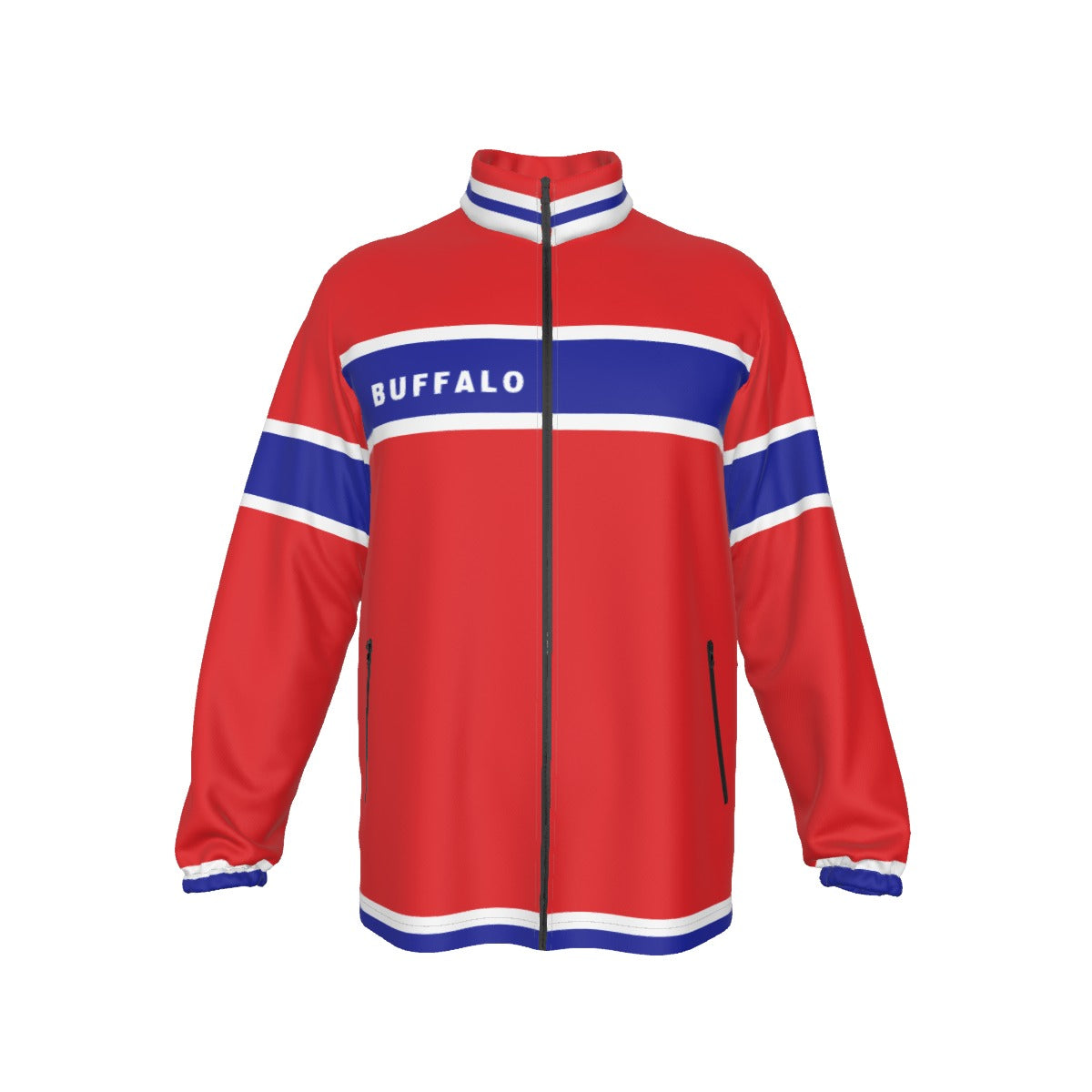 Men’s Buffalo Football Stand-Up Collar Zip-Up Windproof Jacket – Red, Blue White Zebra Game Day Style