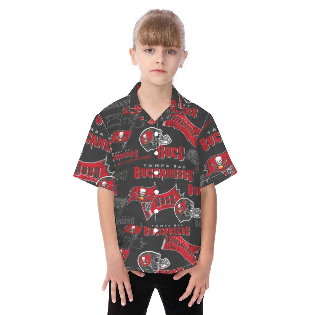 Tampa Bay Buccaneers Kid's Hawaiian Vacation Shirt red pewter football outfit back view
