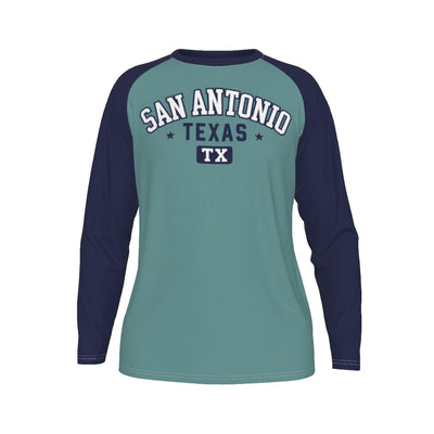 San Antonio Texas TX Teal and Navy Long Sleeve Shirt Men Varsity Raglan Tee – fan gear, lightweight game day shirt, image 1.0