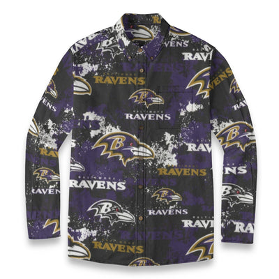 Baltimore Ravens  Men's Casual Lapel Long Sleeve Shirt|125GSM Cotton purple black football outfit back view