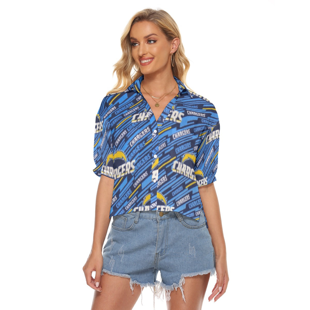 Los Angeles Chargers Women's V-neck Shirts powder blue yellow football back view game day look