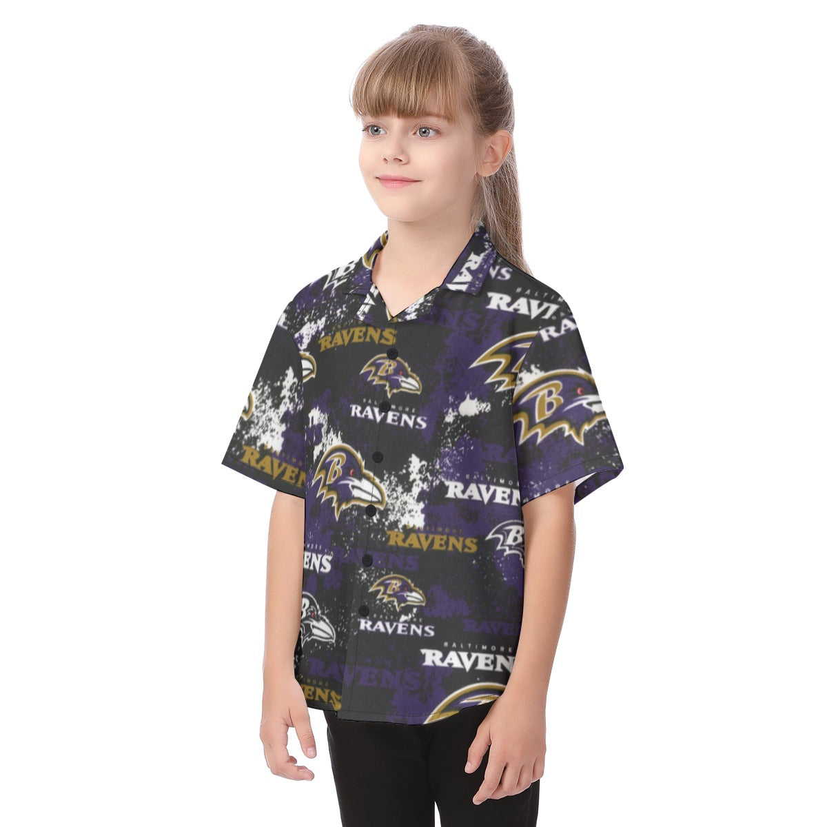 baltimore-ravens-kids-hawaiian-vacation-shirt purple black football outfit fabric close-up