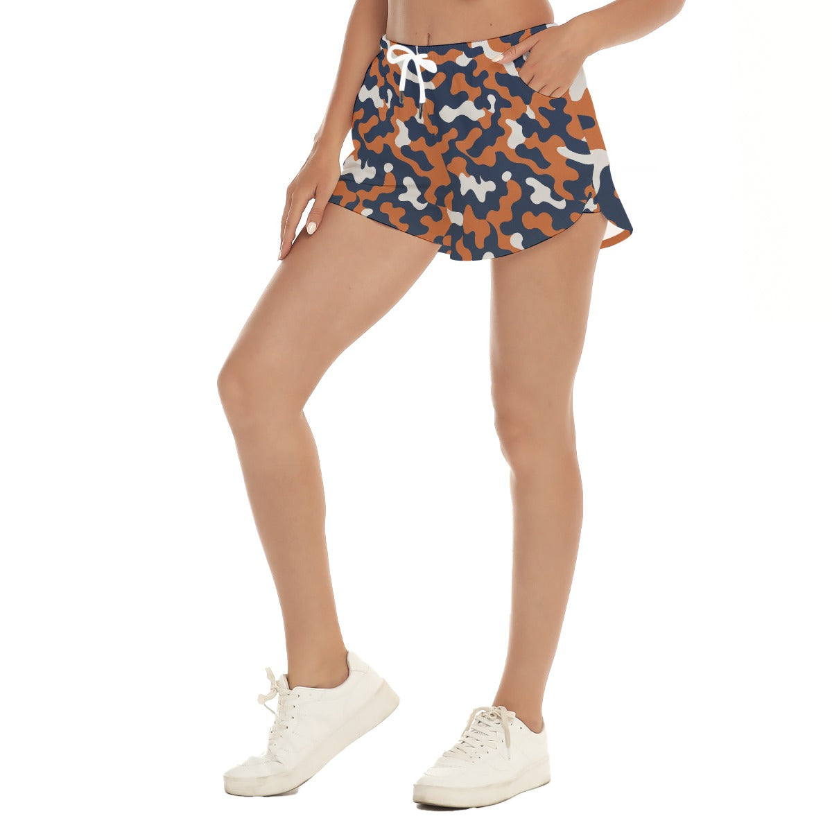 White Smoke Chicago Football Women’s Camo Athletic Shorts – Navy Orange Game Day Drawstring Shorts