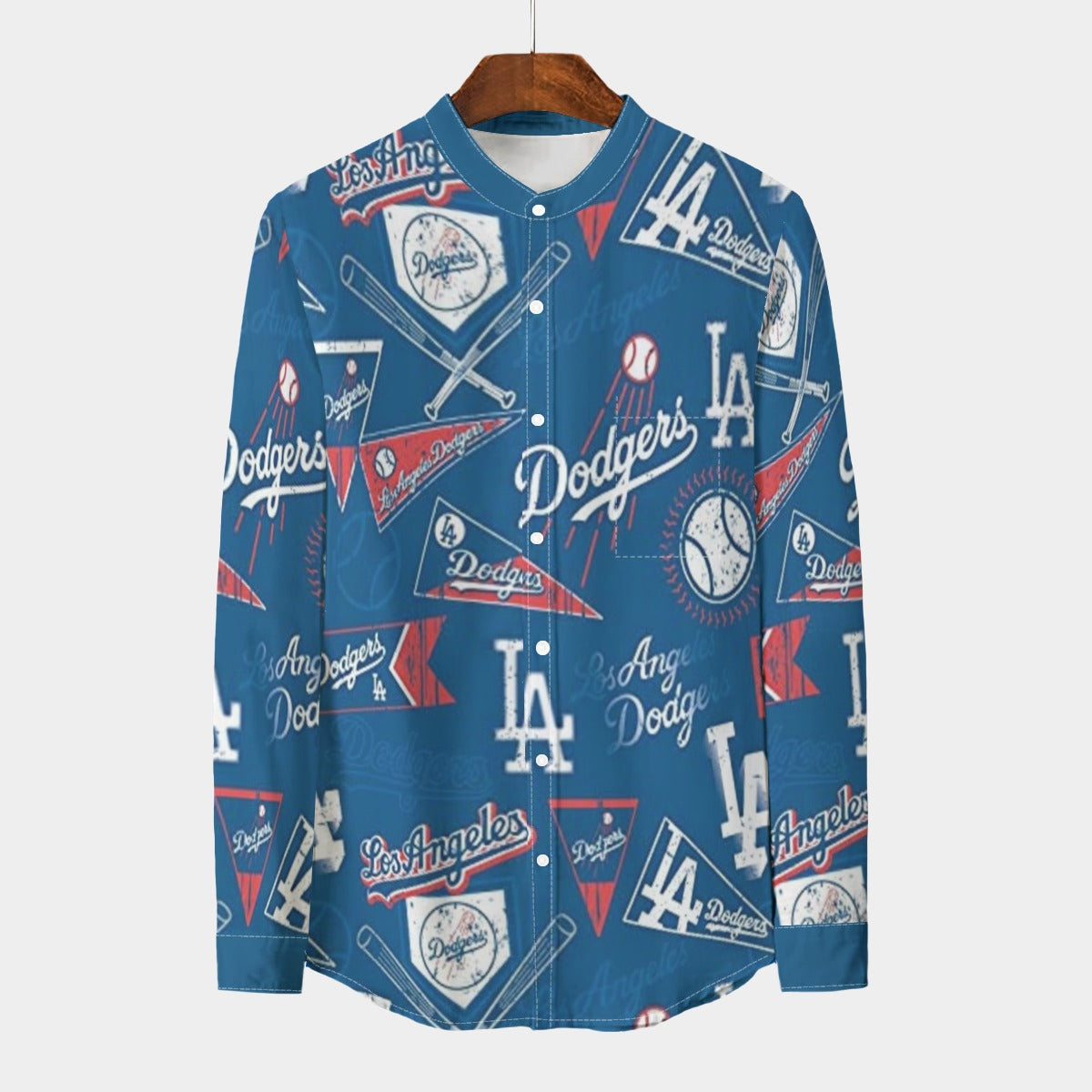 Los Angeles Dodgers Men's Stand Collar Shirt With Long Sleeve|110GSM Imitation Flax los angeles dodgers baseball fan apparel game day outfit