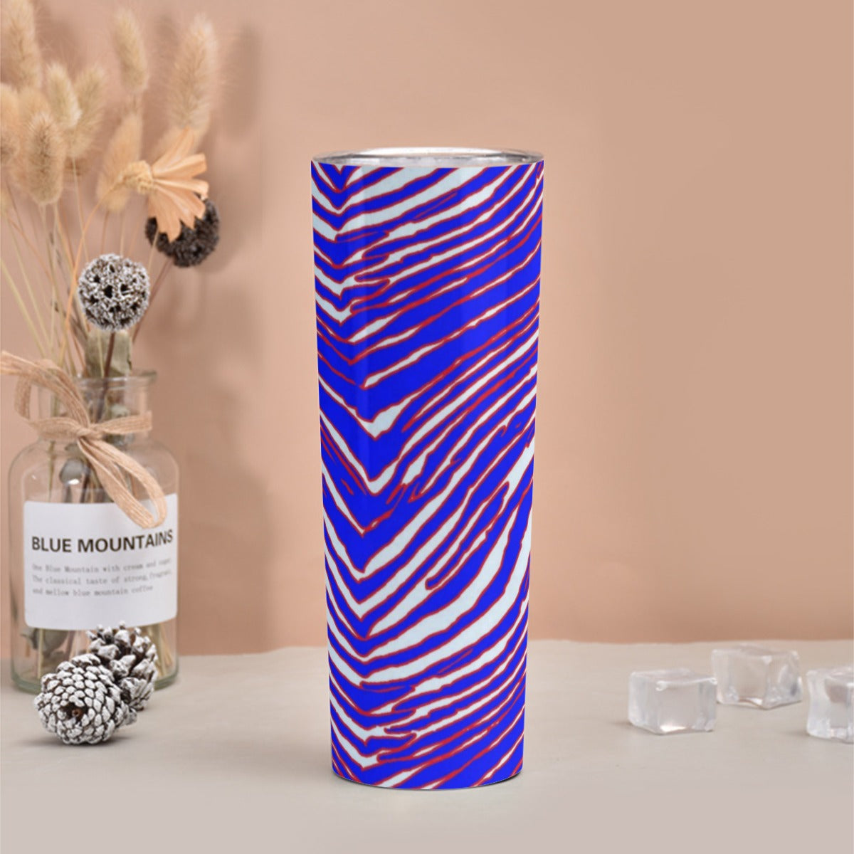 Tan Skinny Tumbler Stainless Steel with Lids 30OZ – Red Blue White Zebra Game Day Style