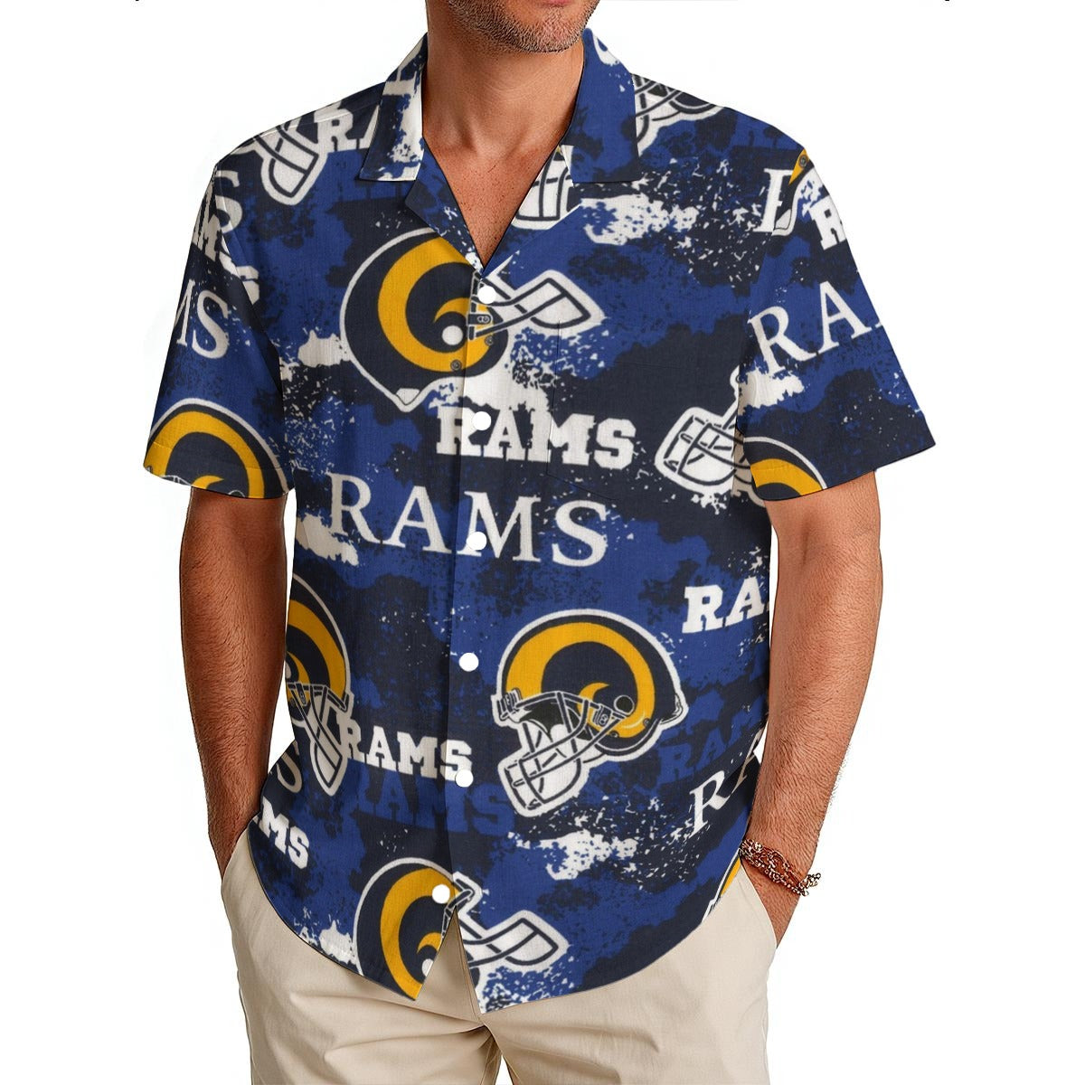 Los Angeles Rams  Men's Hawaiian Shirt|150GSM navy orange football outfit back view