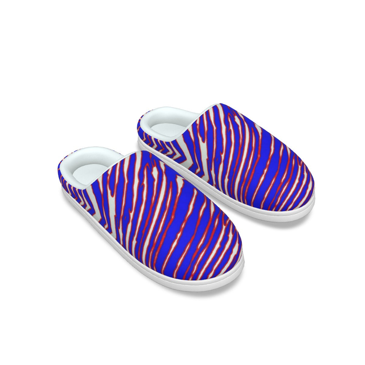 Blue and red striped slip-on shoes on a white background