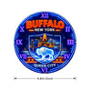 Neon-style clock with Buffalo, New York design and dimensions indicated.