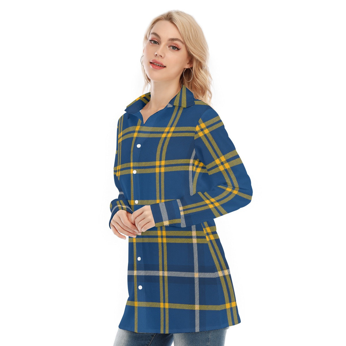 West Virginia Mountaineers Tartan Plaid Blue Gold Women's Long Shirt |115GSM Cotton poplin streetwear fashion product image 3