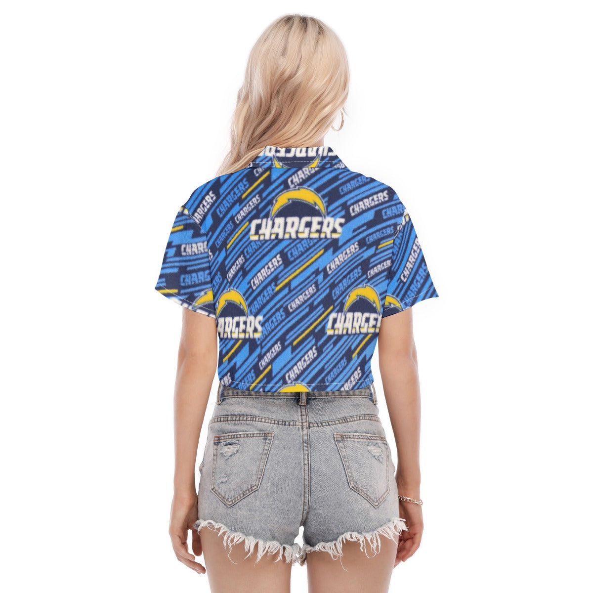 los-angeles-chargers-womens-cropped-shirt powder blue yellow football close-up design detail